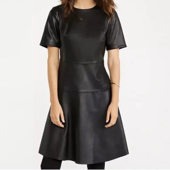 Ann Taylor Petite Faux Leather Flare Dress Size 4 Black Women's